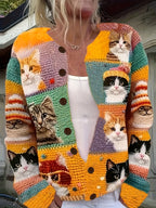 Women'S 3D Printed Crochet Cat Vibrant Colorful Cat Design, Long Sleeve, Button-Up, Round NeckCardigan