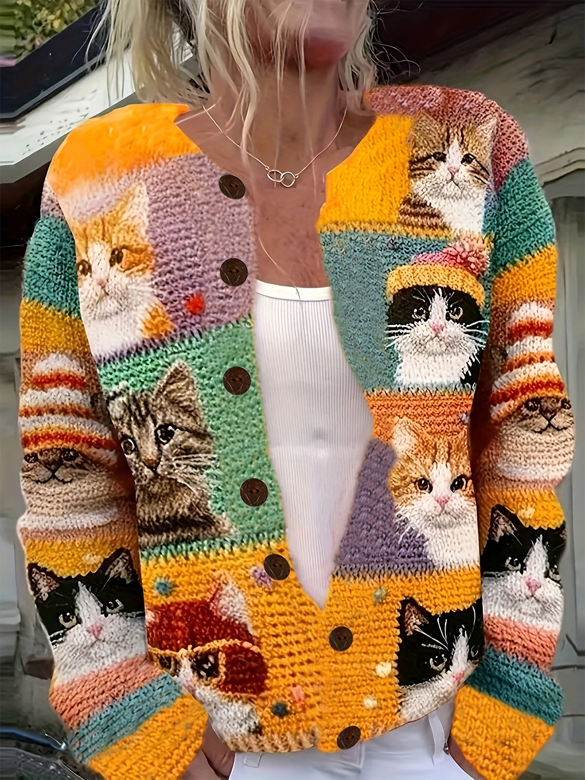 Women'S 3D Printed Crochet Cat Vibrant Colorful Cat Design, Long Sleeve, Button-Up, Round NeckCardigan