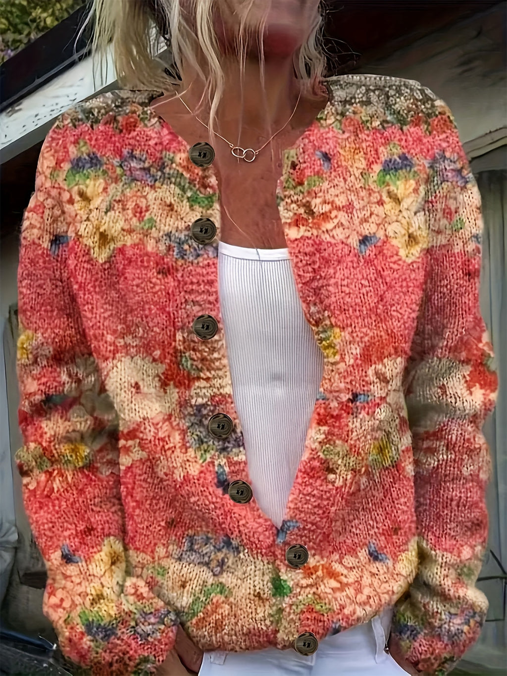 Women's  Floral Print Round Neck Button Front Openwork Sweater