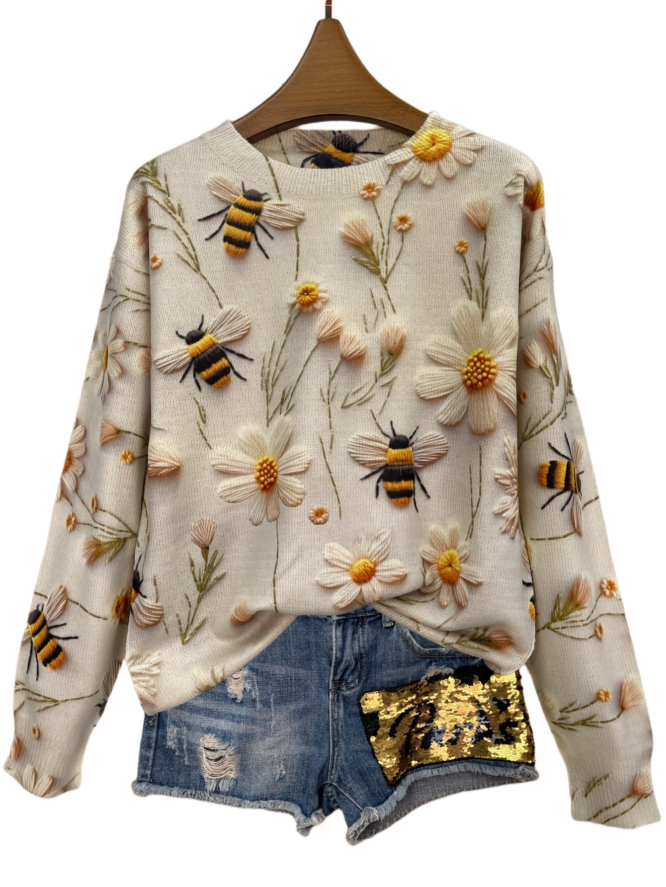 Casual Long Sleeve Sweater For Fall & Winter Floral ＆ Bee Pattern Crew Neck Sweater
