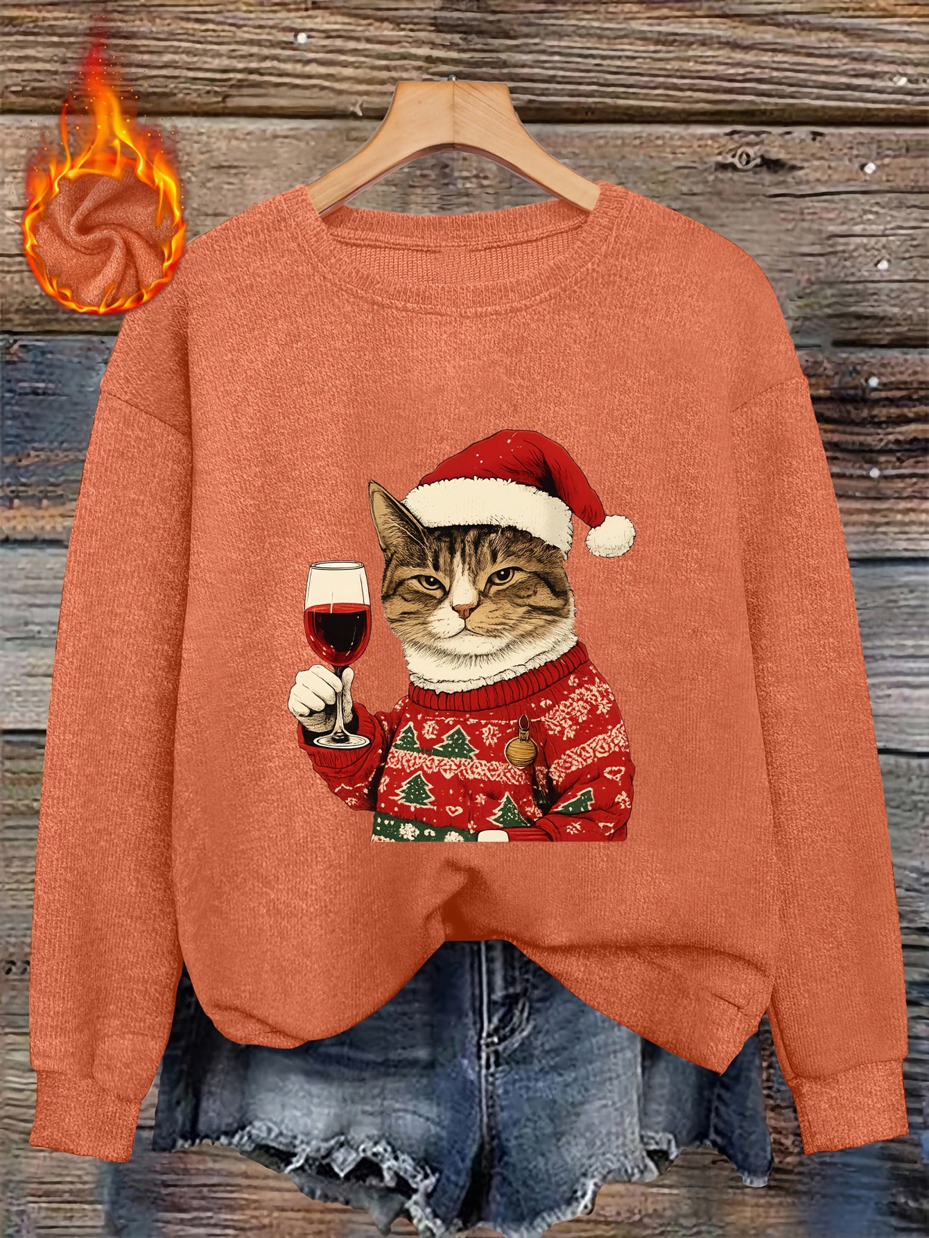 Women's Christmas Cat & Wine Print  Cozy Coral Pink Pullover with Tabby Cat Sweater