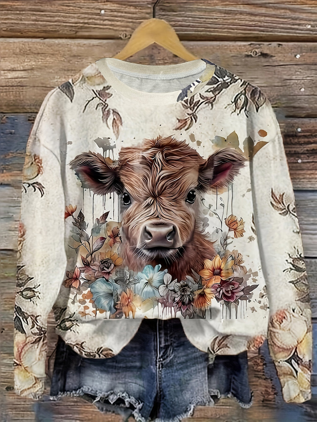 Vibrant Cow Print Long Sleeve Crew Neck T-Shirt