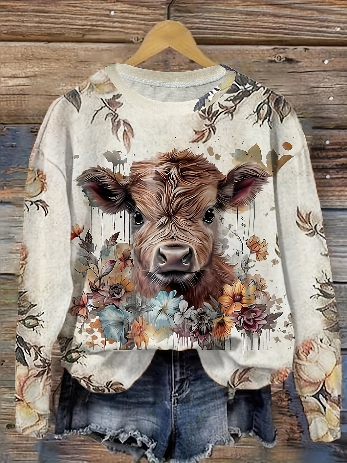 Vibrant Cow Print Long Sleeve Crew Neck T-Shirt