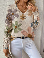 Women'S Elegant V-Neck All-Season Long Sleeve Pullover Sweater in Beige Sweater