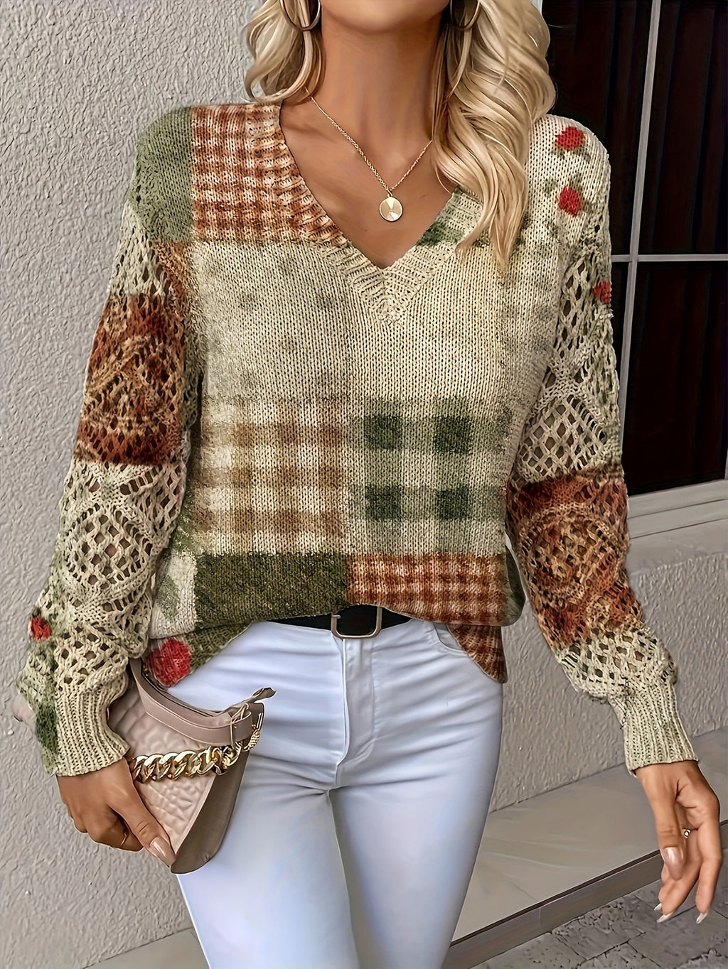 Women's top with floral digital print all-over printed knitwear for office