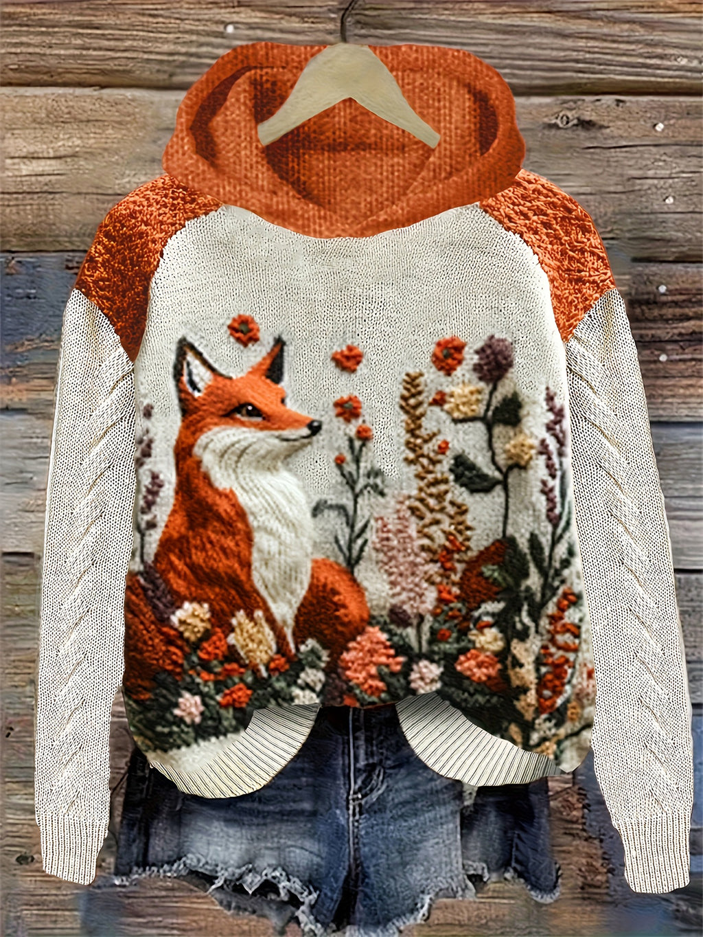 Women'S Cozy Vintage Nordic Fox & Floral Print Hooded Sweater