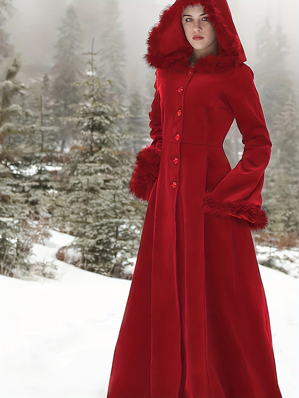 Victorian Winter Coat with Faux Fur Trim - Long Sleeve Corset-Inspired Bodice & Flared Hem Thick Warm Fabric Punk-Style Winter Outerwear