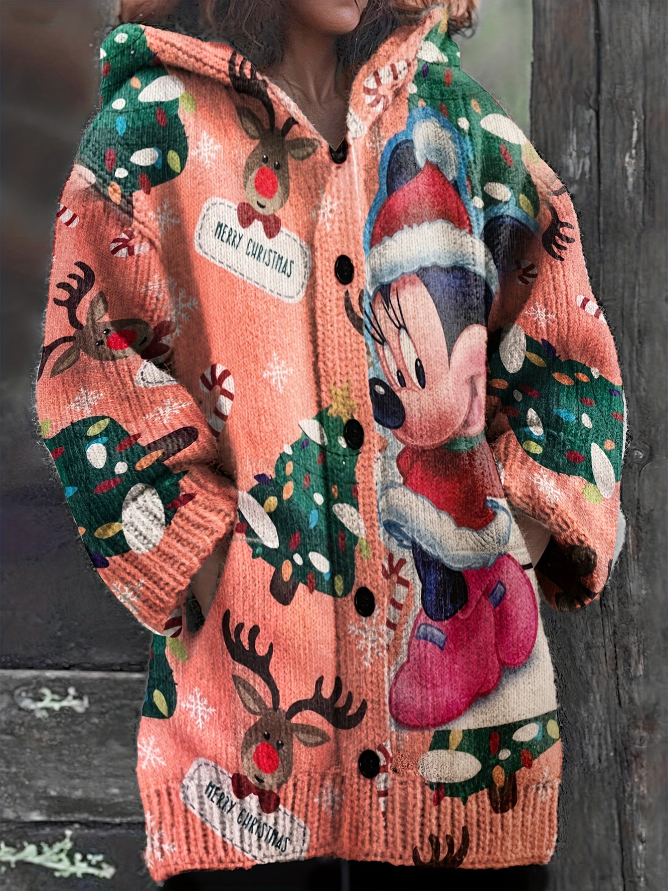 Christmas Style Mickey Mouse Christmas Tree Snowflake Picture Elk Pattern Cardigan