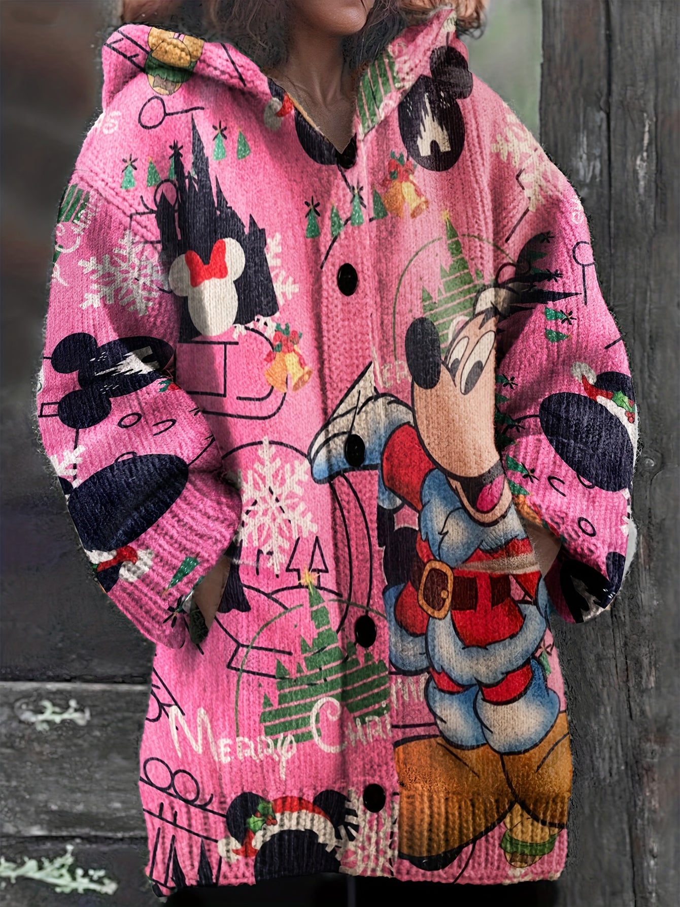 Christmas Mickey Mouse Santa Style Snowflake Pattern Reindeer Bell Letter Cardigan