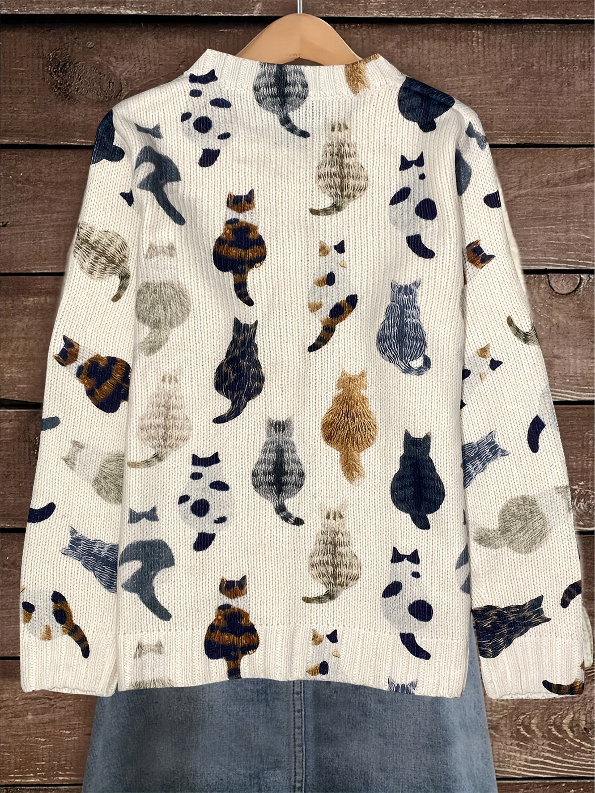 Women's Casual Cat Print Long Sleeve Round Neck Open Front Sweater with Button Closure Cardigan