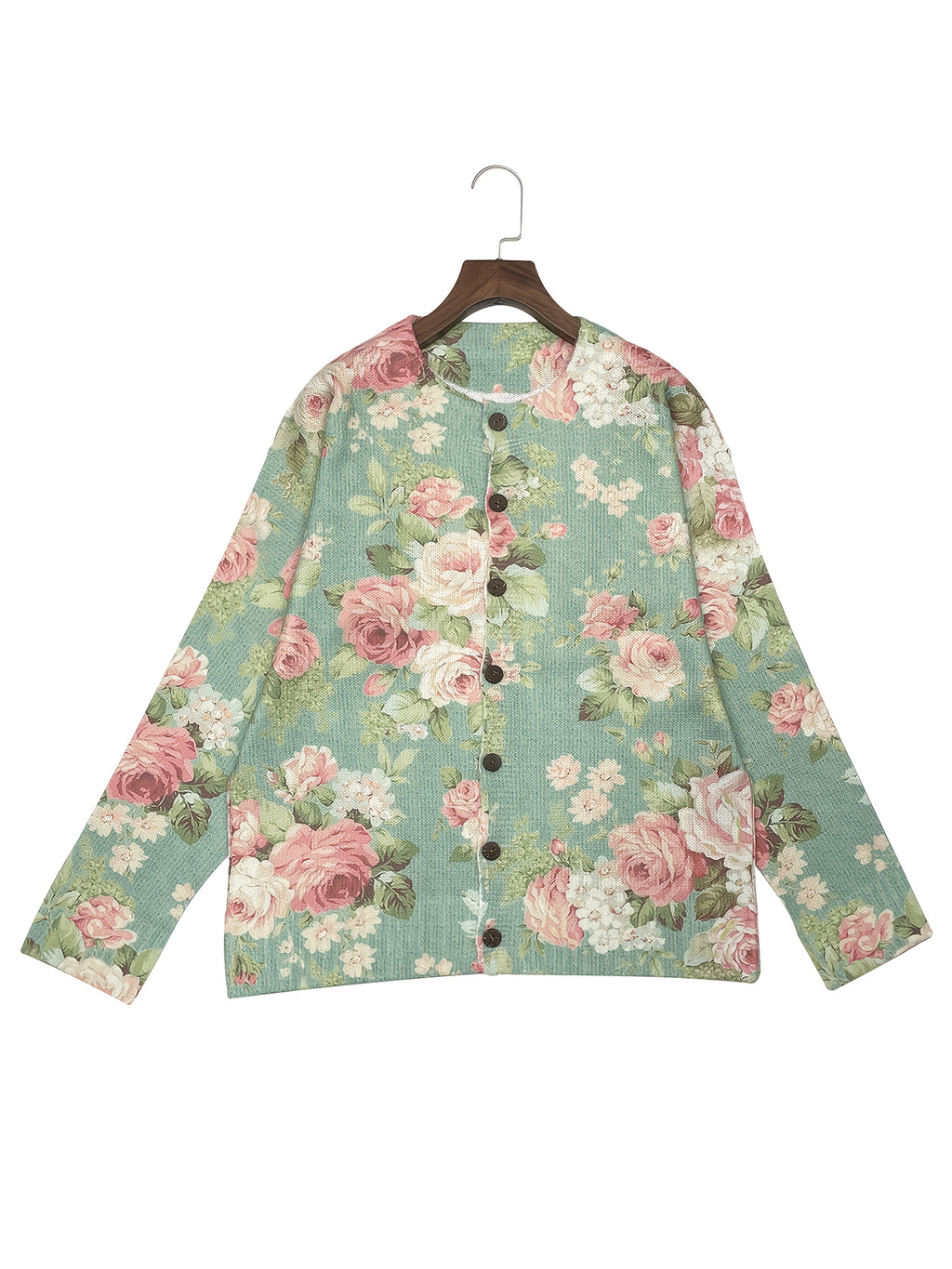 Women's  Fashion Lightweight Button-Front Sweater with All-Over Multicolor Floral Pattern Round Neck  Cardigan