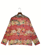 Women's  Floral Print Round Neck Button Front Openwork Sweater
