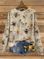 Casual Long Sleeve Sweater For Fall & Winter Floral ＆ Bee Pattern Crew Neck Sweater