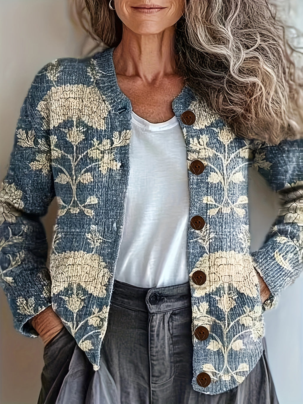 Women's 3D Floral Print Cardigan Round Neck Lightweight Sweater