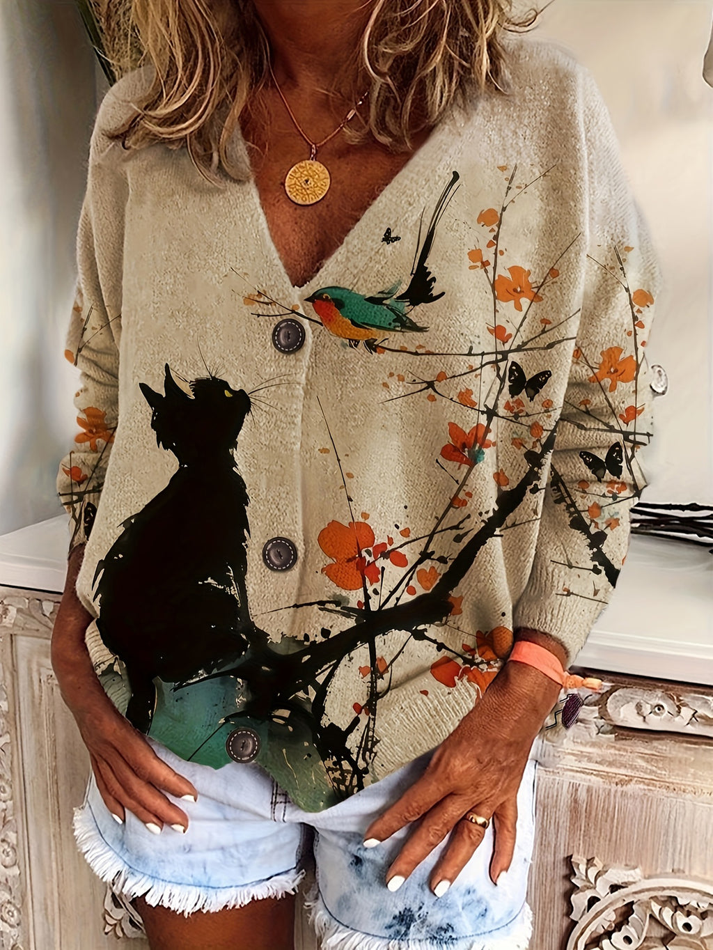 Autumn-Winter V-Neck Loose Fit Cat Print Button-Up Long Sleeve Women's Cardigan