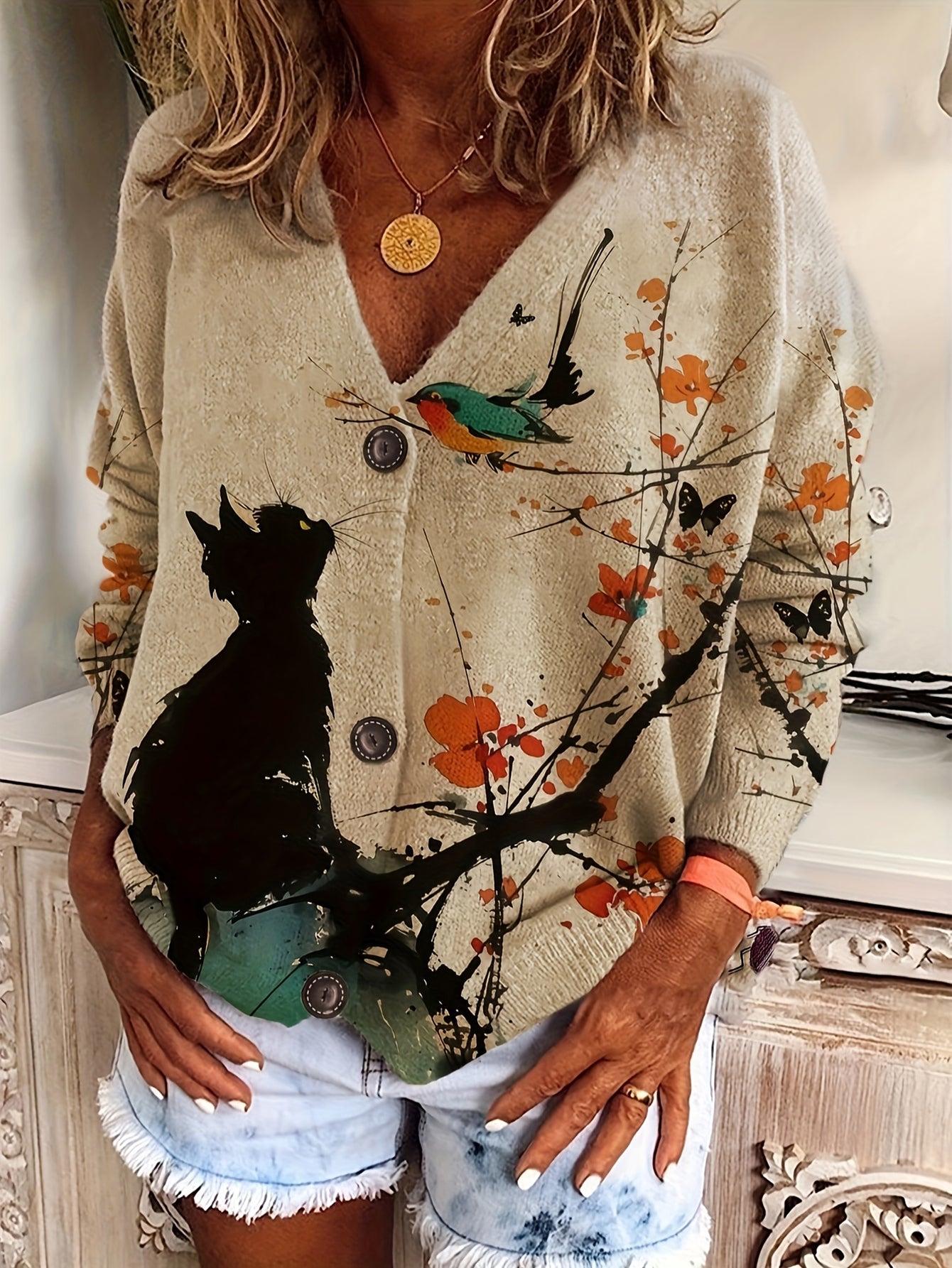 Autumn-Winter V-Neck Loose Fit Cat Print Button-Up Long Sleeve Women's Cardigan