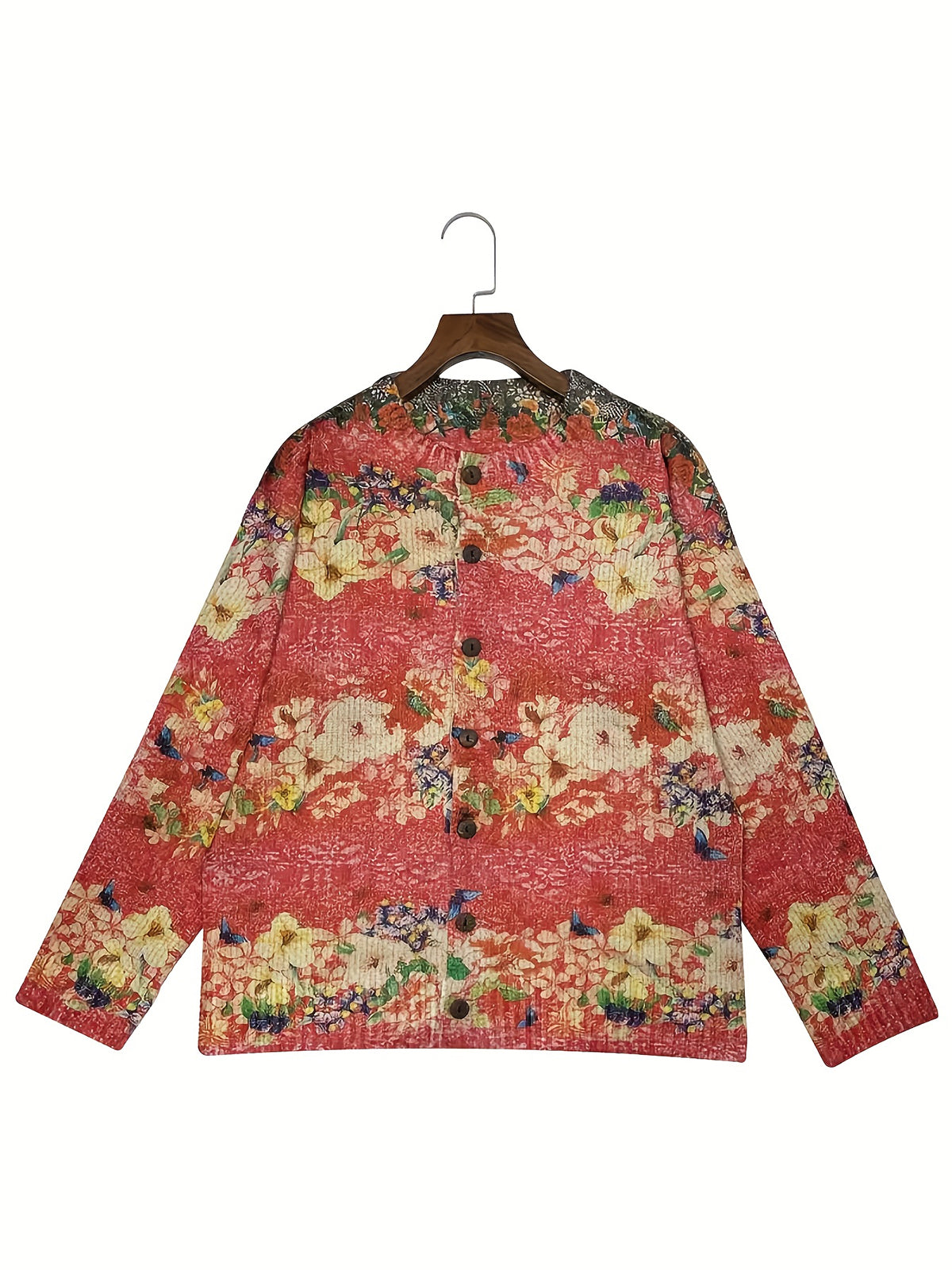 Women's  Floral Print Round Neck Button Front Openwork Sweater