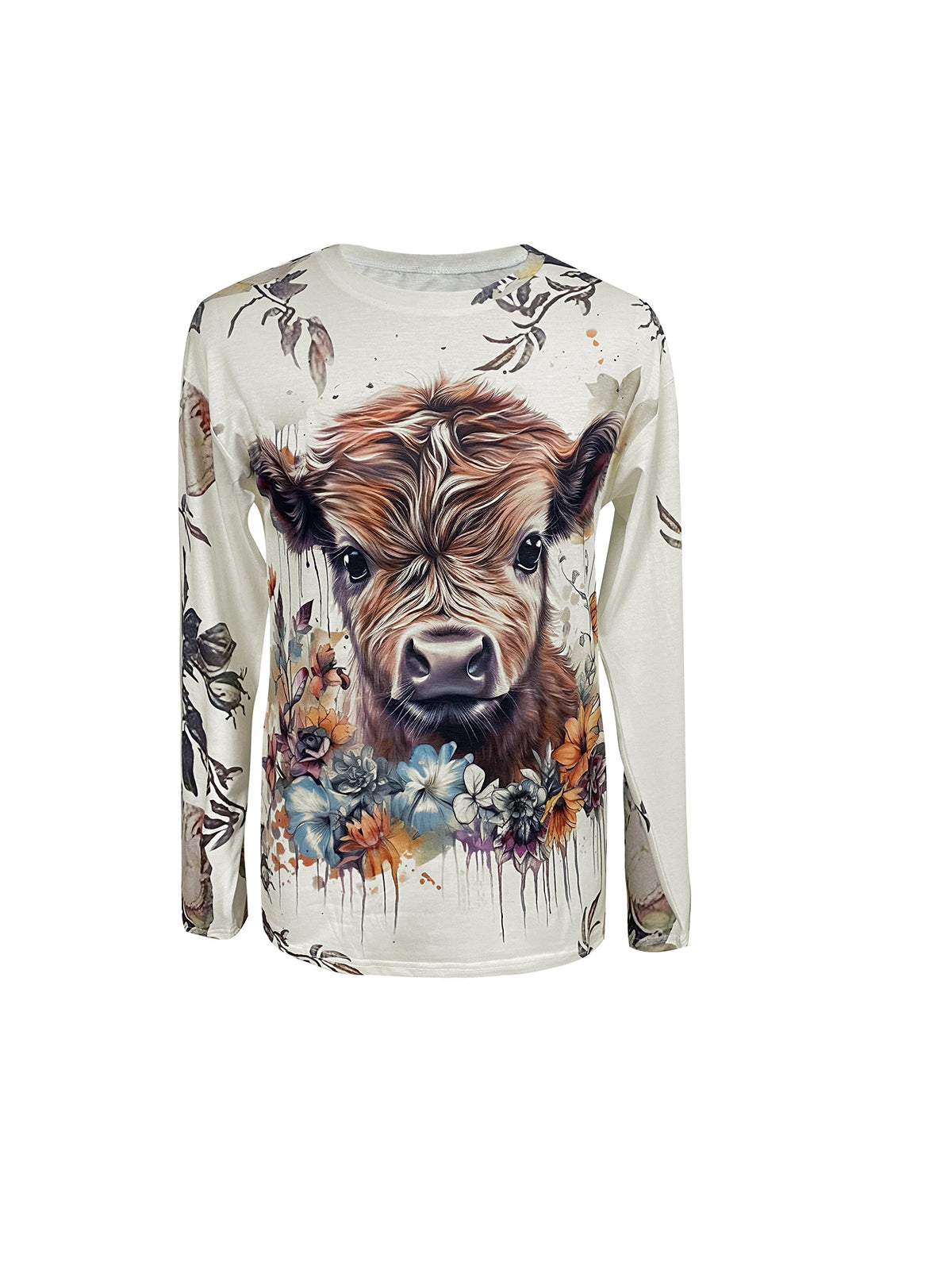Vibrant Cow Print Long Sleeve Crew Neck T-Shirt