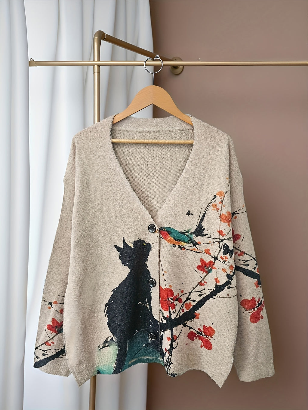 Autumn-Winter V-Neck Loose Fit Cat Print Button-Up Long Sleeve Women's Cardigan