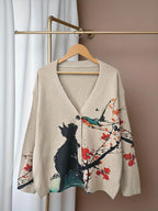 Autumn-Winter V-Neck Loose Fit Cat Print Button-Up Long Sleeve Women's Cardigan