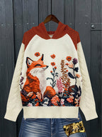Women'S Cozy Vintage Nordic Fox & Floral Print Hooded Sweater