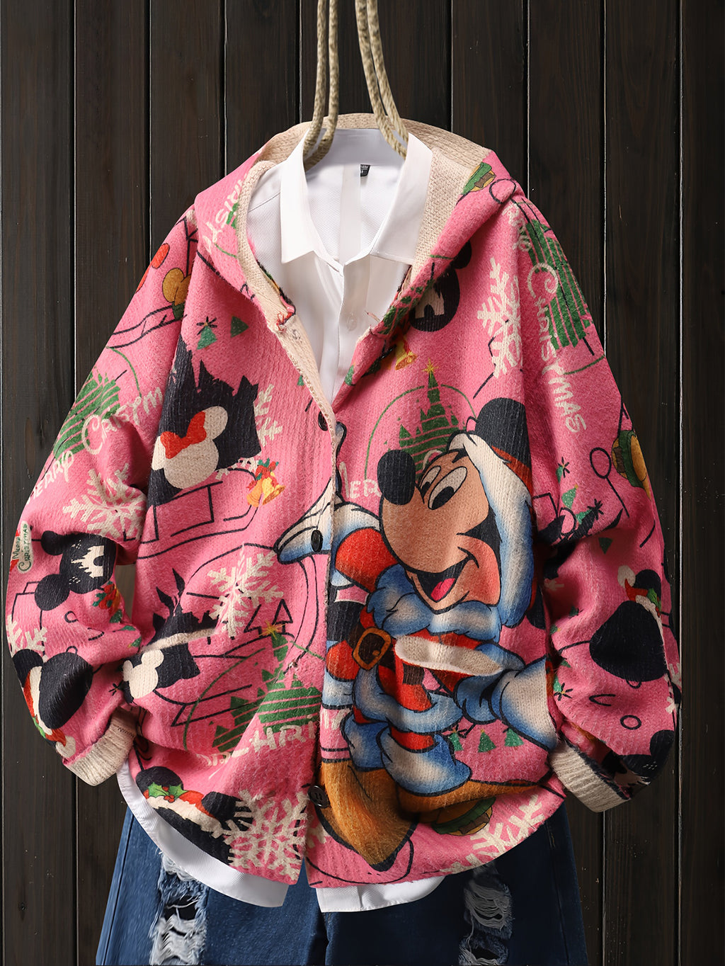 Christmas Mickey Mouse Santa Style Snowflake Pattern Reindeer Bell Letter Cardigan