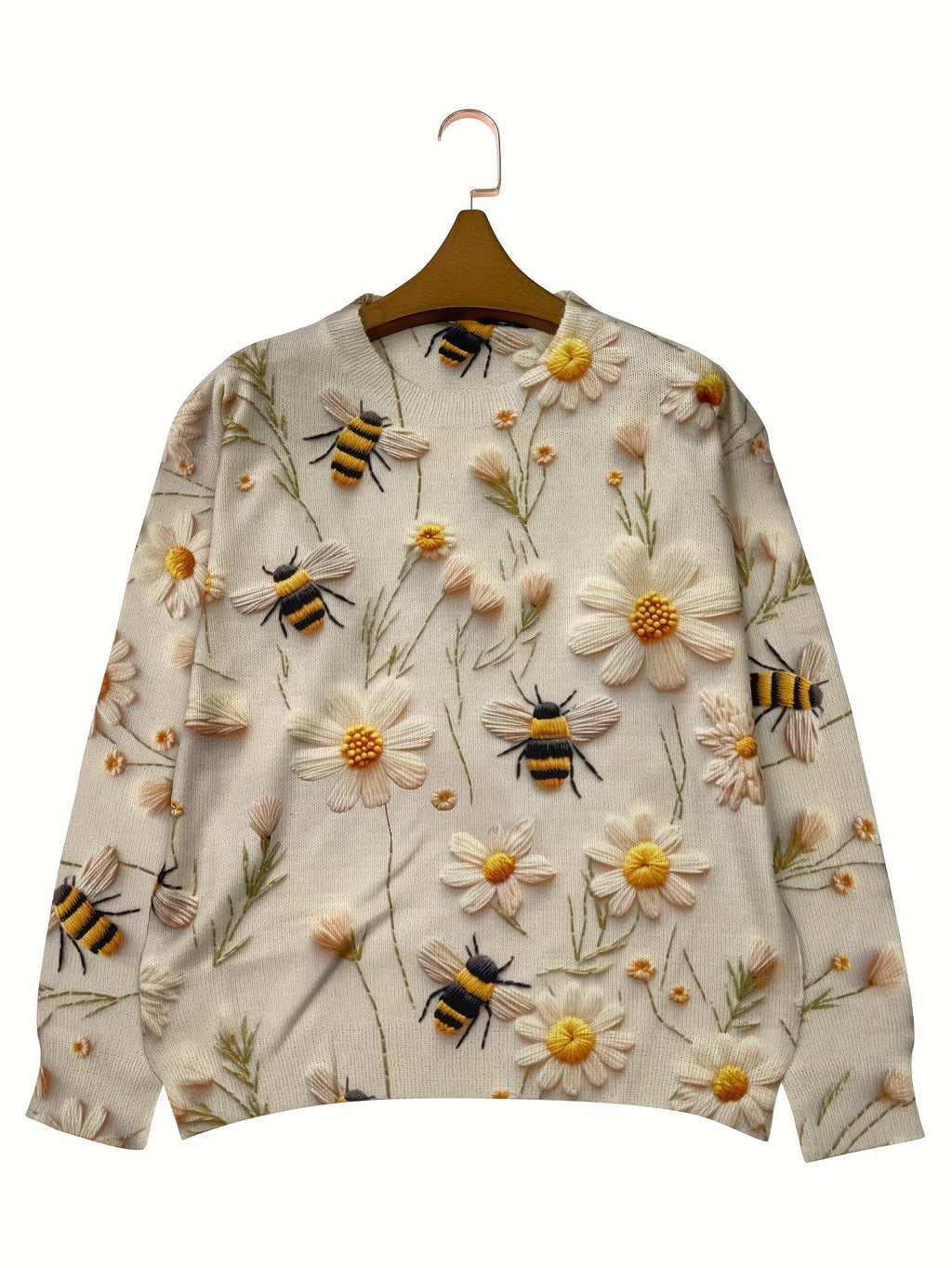 Casual Long Sleeve Sweater For Fall & Winter Floral ＆ Bee Pattern Crew Neck Sweater