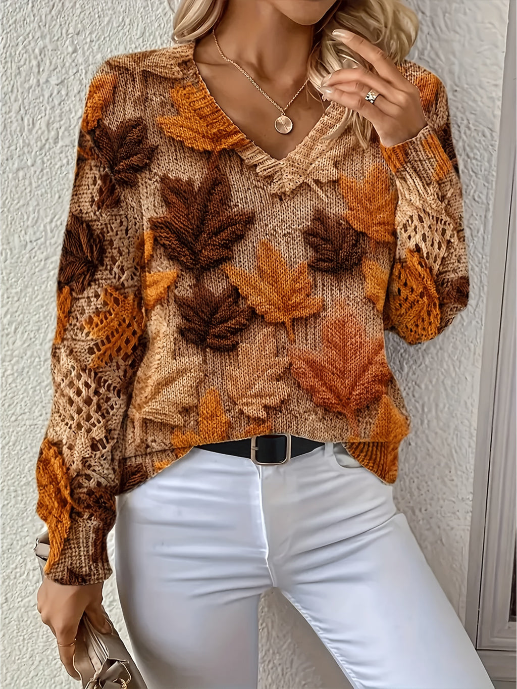 Bohemian Chic V-Neck Long Sleeve with Maple Leaf Digital Print Women's Sweater