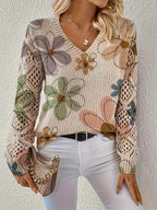 Women'S Elegant V-Neck All-Season Long Sleeve Pullover Sweater in Beige Sweater