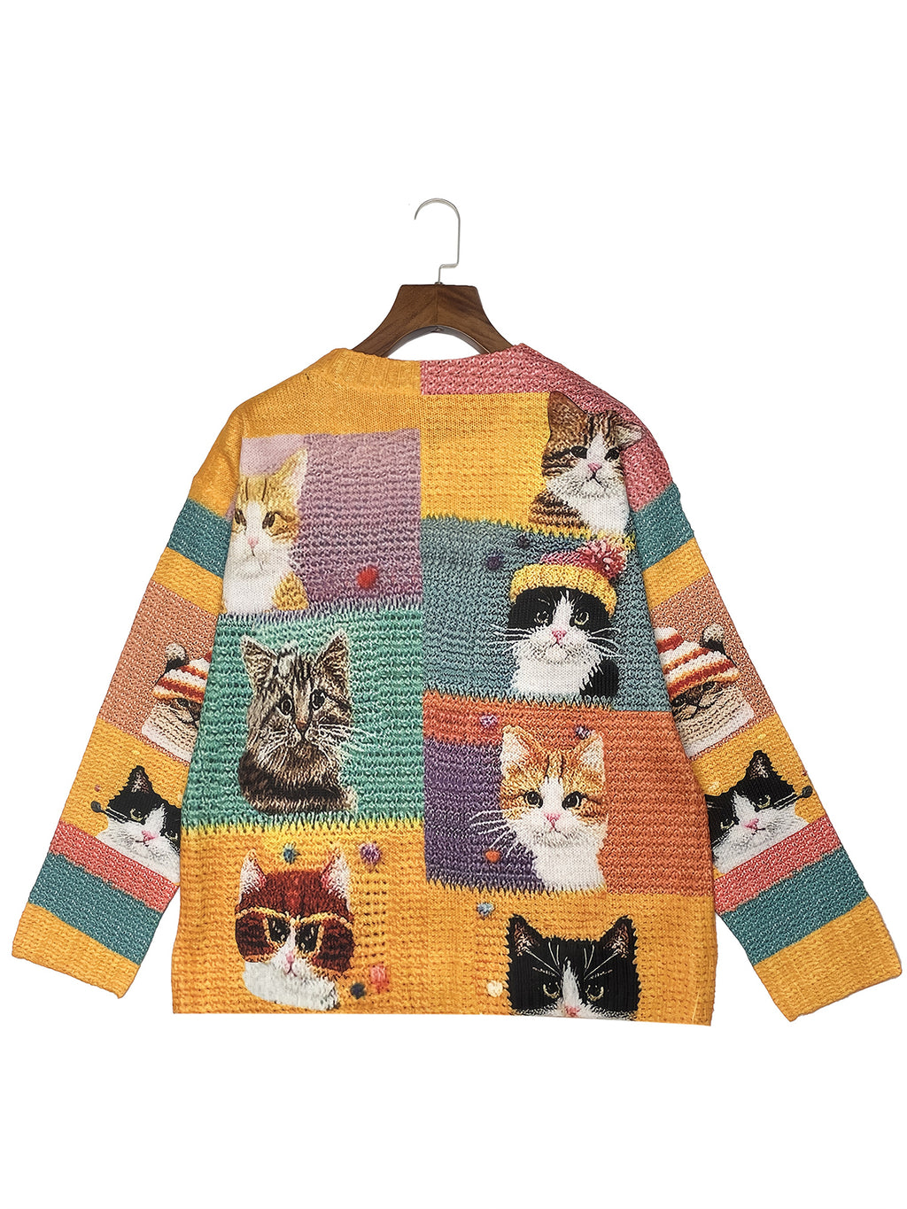 Women'S 3D Printed Crochet Cat Vibrant Colorful Cat Design, Long Sleeve, Button-Up, Round NeckCardigan