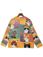 Women'S 3D Printed Crochet Cat Vibrant Colorful Cat Design, Long Sleeve, Button-Up, Round NeckCardigan