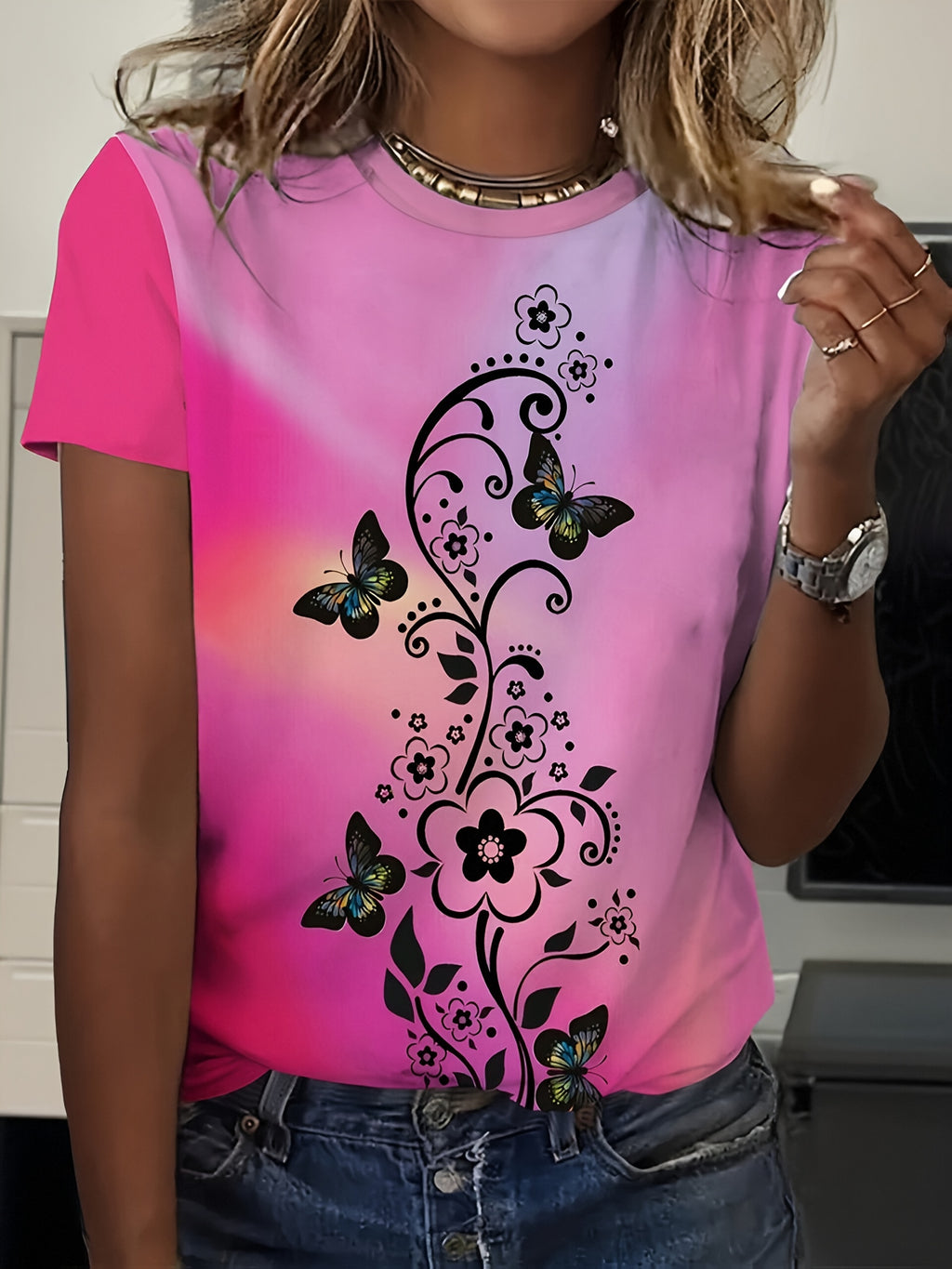 Tie-dye casual short-sleeve butterfly print fun T-shirt Random shipment
