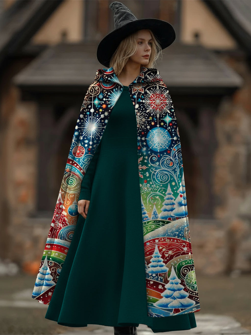 Christmas Print Hooded Casual Loose Cape