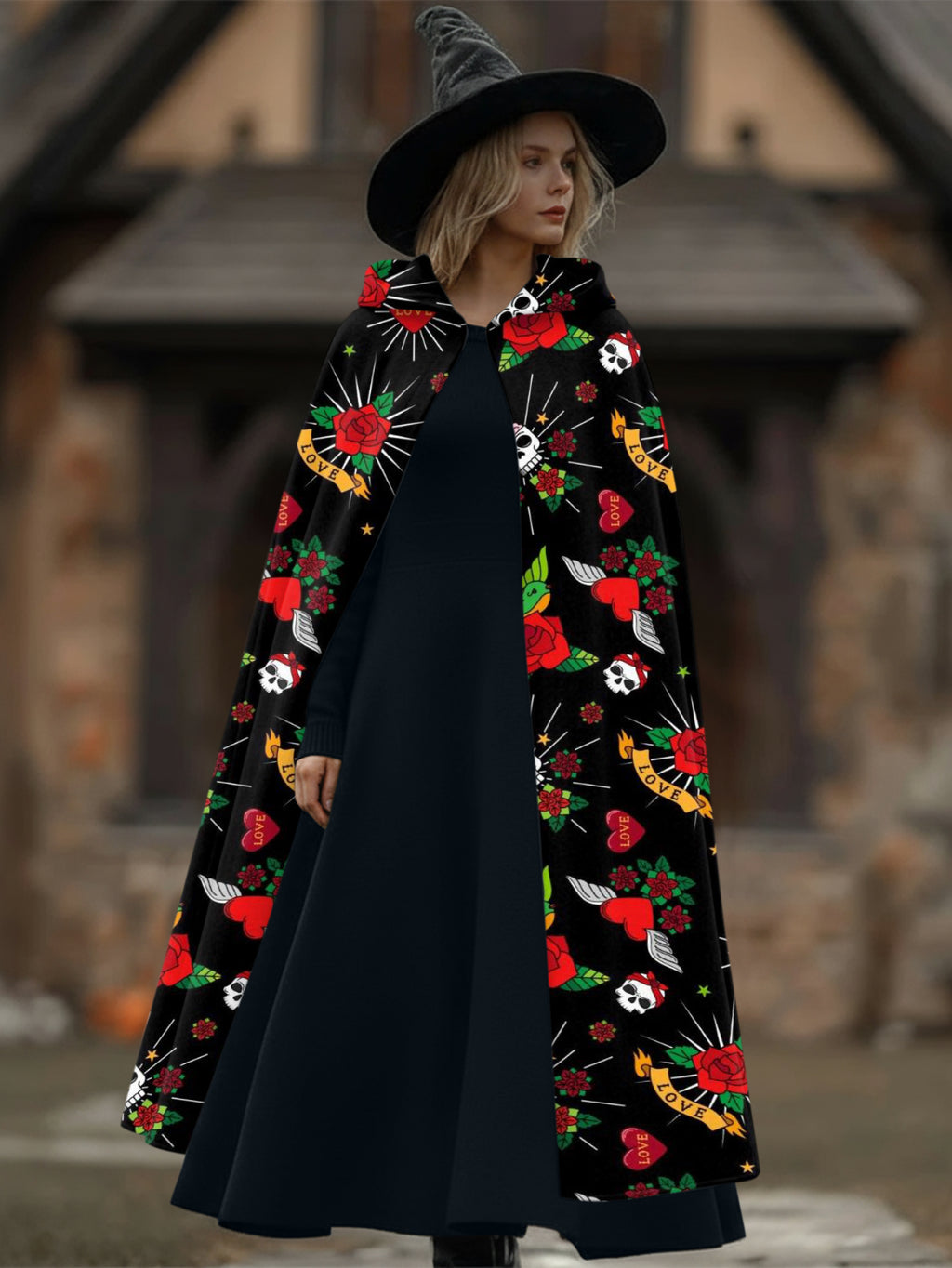 Love Rose Skull Print Hooded Cape