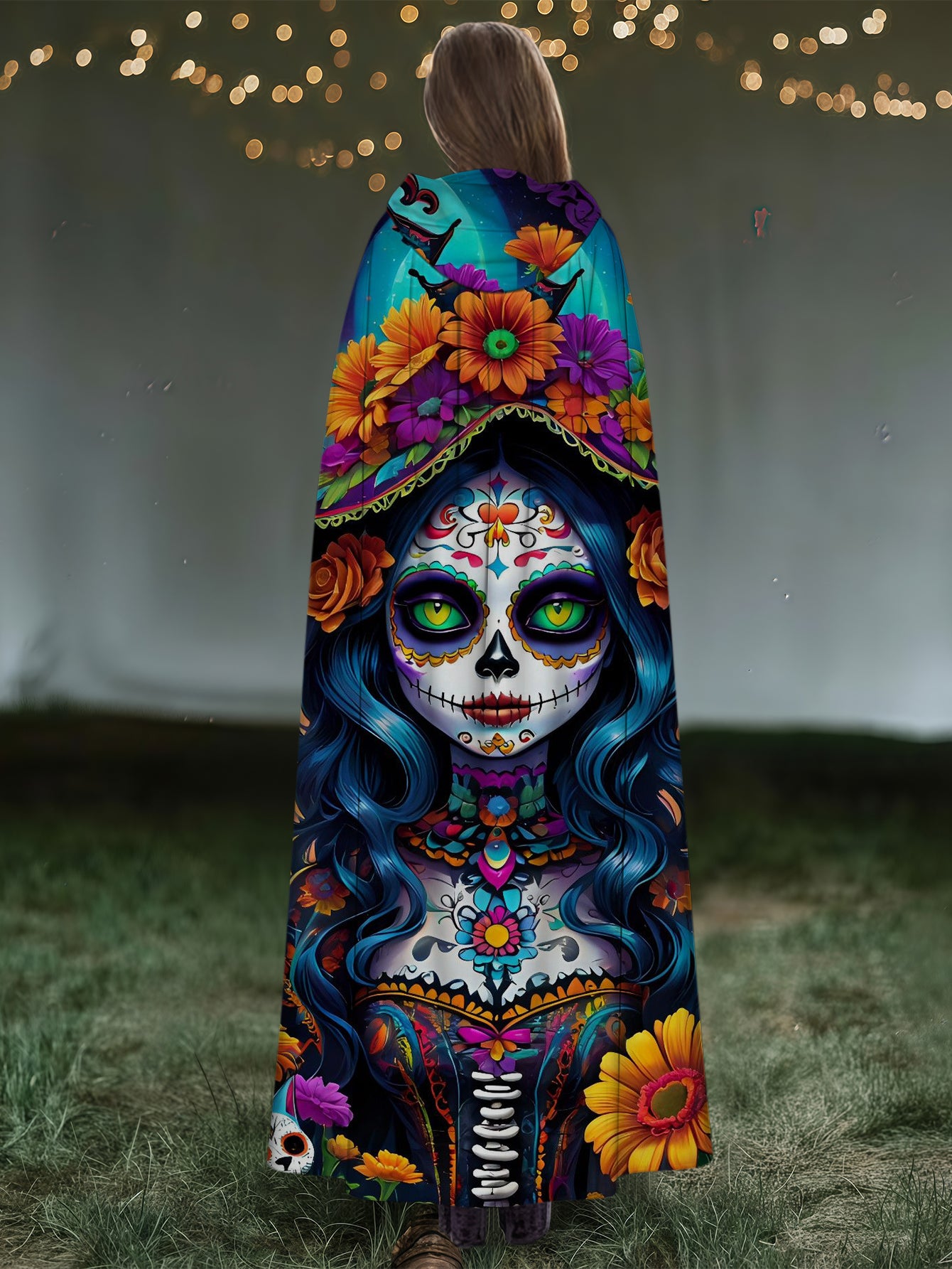 Fun Skull Girl Print Hooded Cape