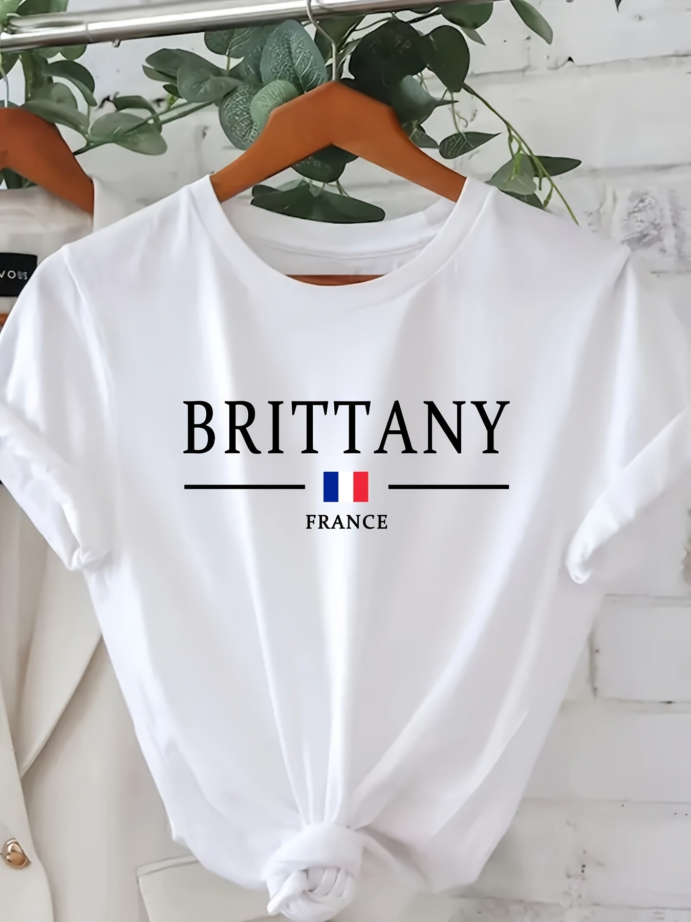 Brittany,French lettering flag print crew neck short sleeve T-shirt Knitted women's top Random shipment
