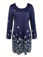 Printed waist-cinching A-line round neck floral print contrasting color long-sleeved dress Random shipment