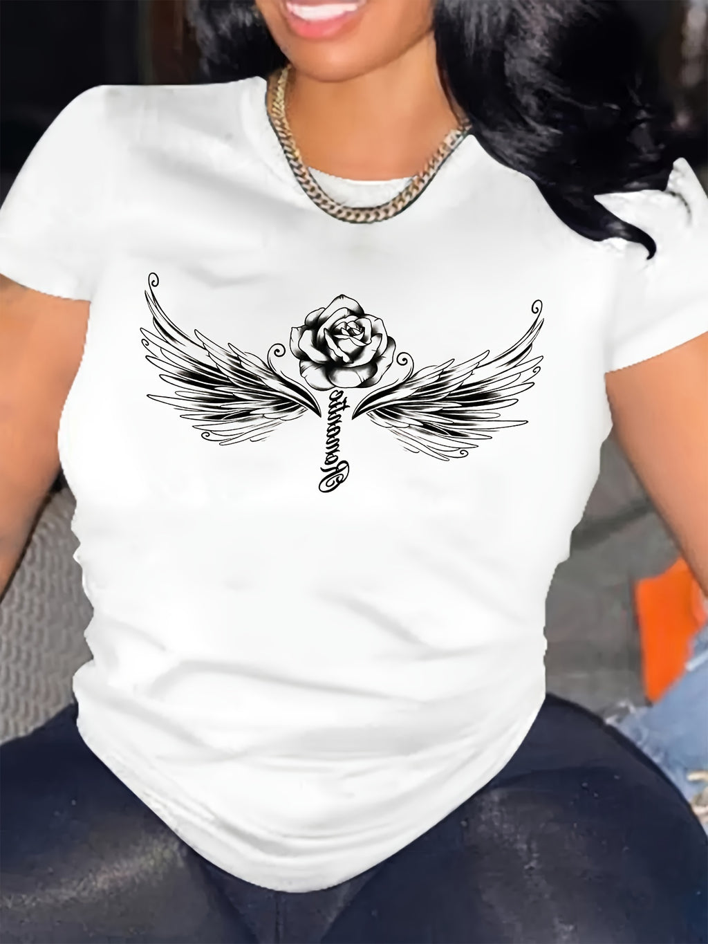 Winged rose summer short-sleeved vacation casual printed plus-size top T-shirt