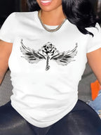Winged rose summer short-sleeved vacation casual printed plus-size top T-shirt