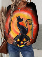 Halloween round-neck long-sleeved T-shirt with cat, pumpkin and animal prints Random shipment