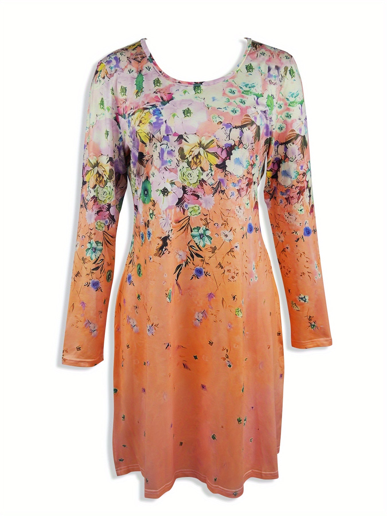 Waist-cinching long-sleeved A-line gradient flower print dress Random shipment