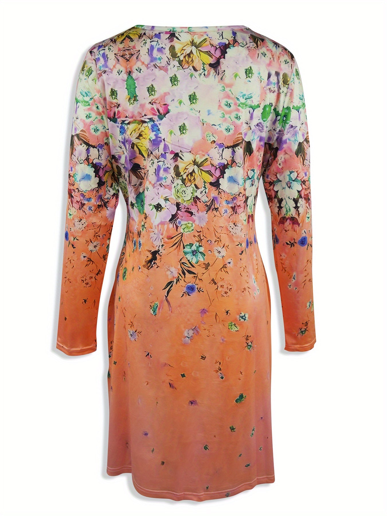 Waist-cinching long-sleeved A-line gradient flower print dress Random shipment