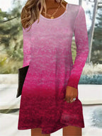 A hem gradient cinched waist print contrasting long-sleeved dress Random shipment