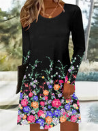 A colorful floral print A-hem gradient color waist-cinching long-sleeved dress Random shipment