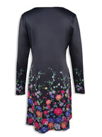 A colorful floral print A-hem gradient color waist-cinching long-sleeved dress Random shipment