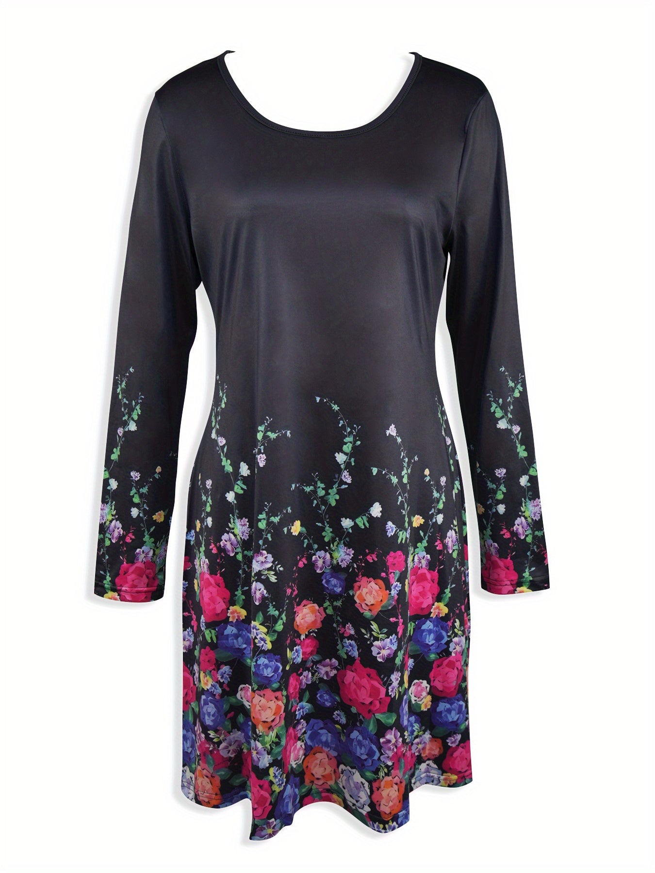 A colorful floral print A-hem gradient color waist-cinching long-sleeved dress Random shipment