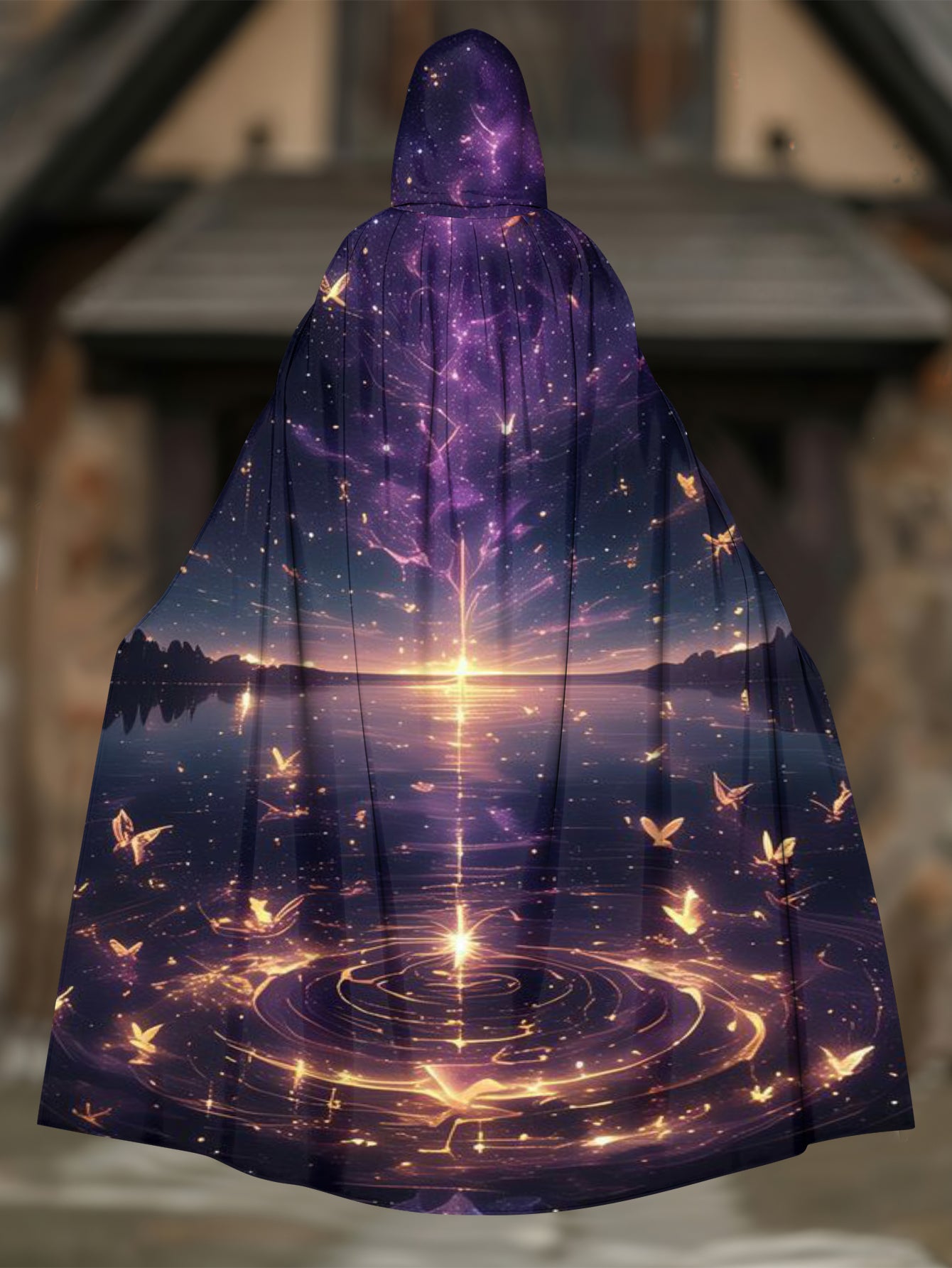 Hooded Landscape Print Casual Loose  Cape