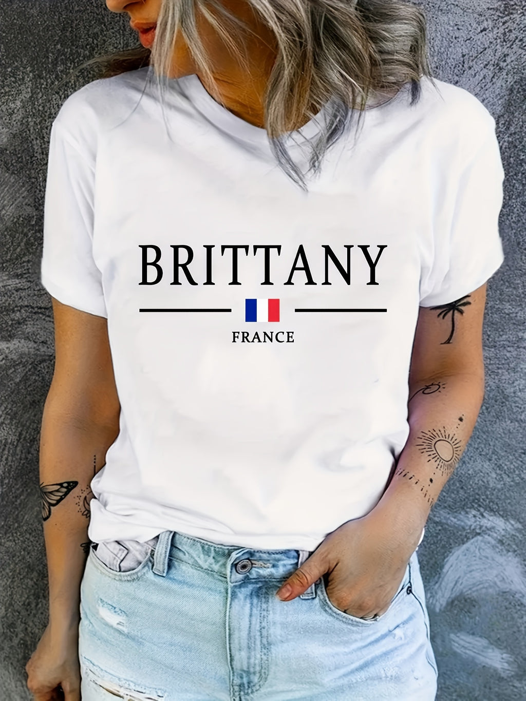 Brittany,French lettering flag print crew neck short sleeve T-shirt Knitted women's top Random shipment