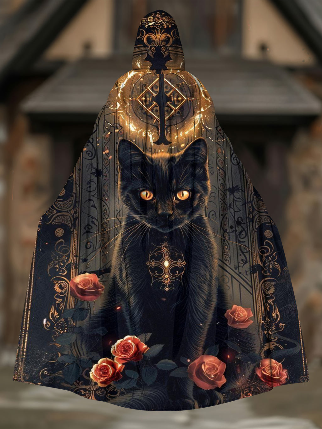 Mysterious Cat Floral Print Cape