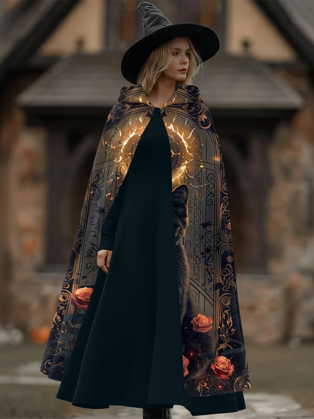 Mysterious Cat Floral Print Cape